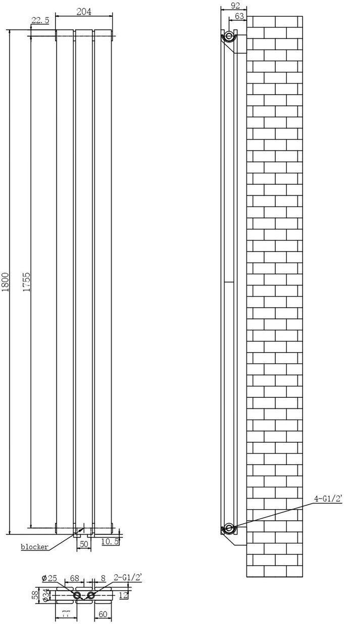 ArttiDesign Livorno II 3/1800/204/50 чорний матовий (LV II.3.180.20.5.B) Габаритні розміри