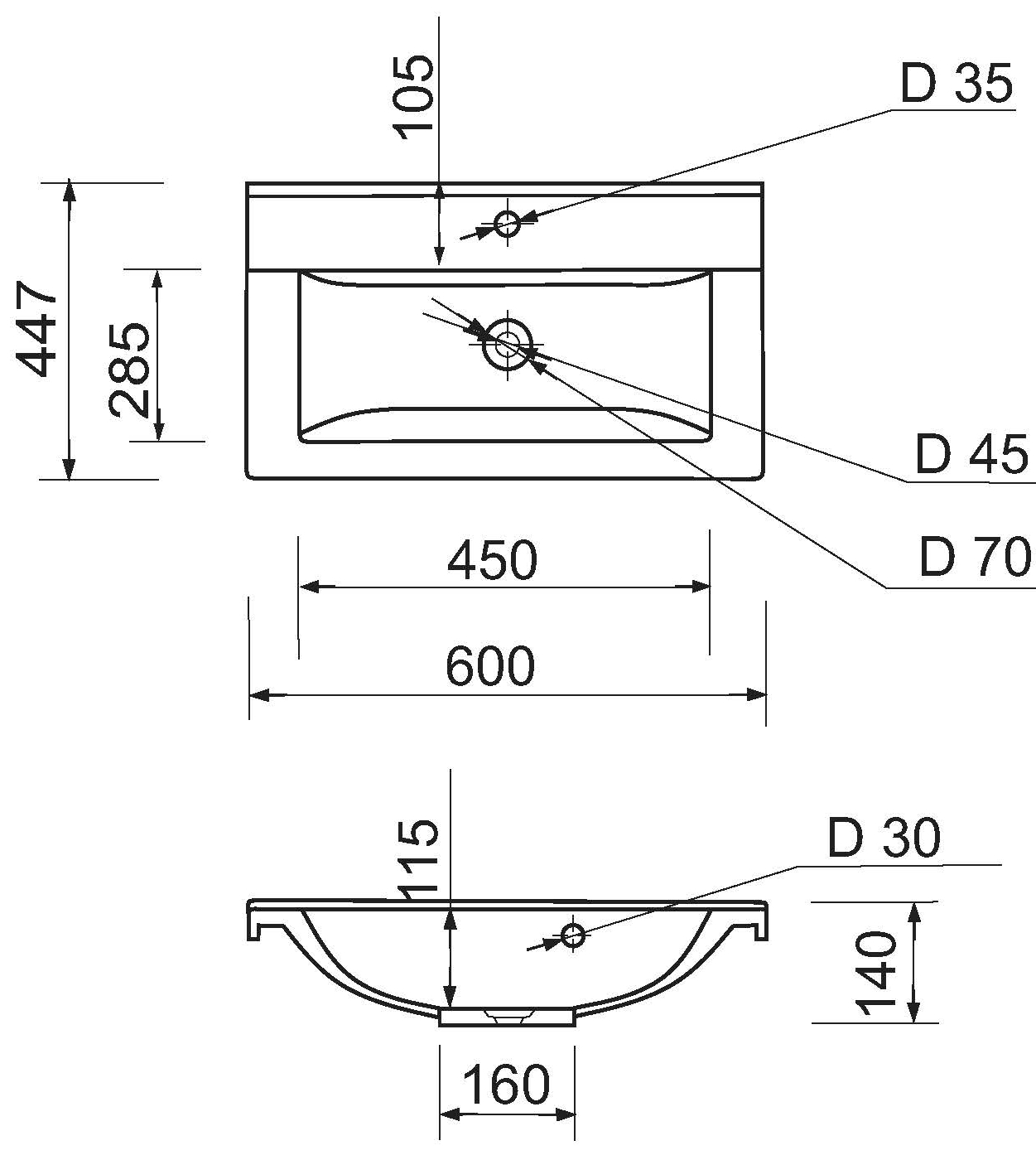 Adamant Quanto 60 з сифоном Click-Clack + змішувач (4824296208001) Габаритні розміри