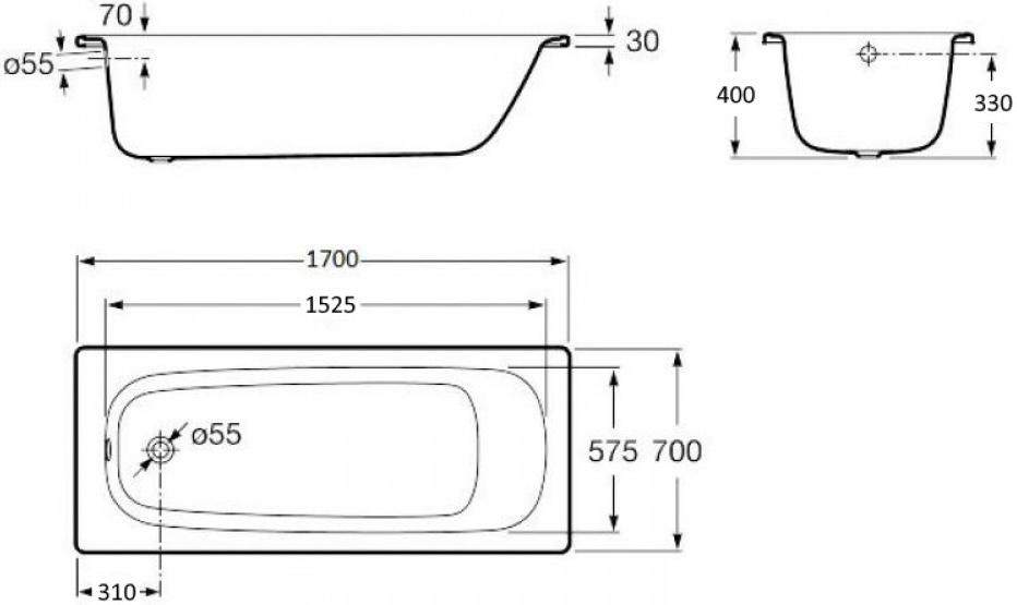 Roca Contesa 170x70 + simplex сифон для ванни (A235860000+311537) Габаритні розміри