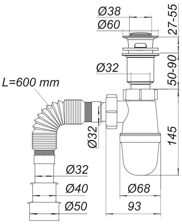 Adamant Quanto 70 з сифоном Click-Clack + змішувач (4824296208101) Габаритні розміри