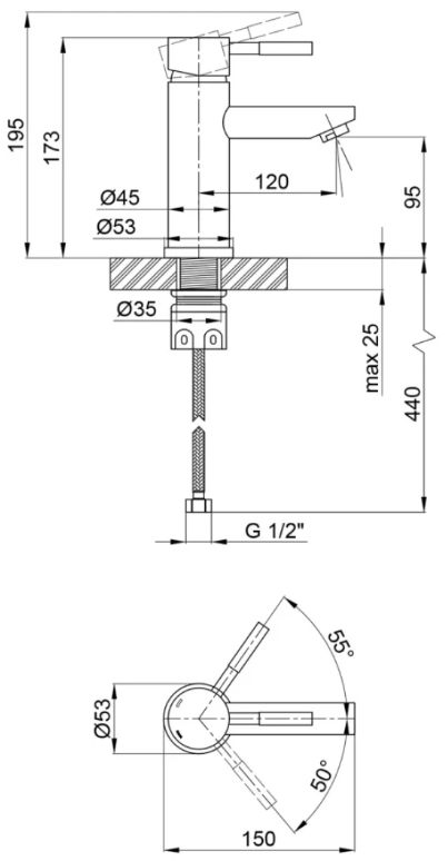 Adamant Quanto 70 з сифоном Click-Clack + змішувач (4824296208101) Габаритні розміри