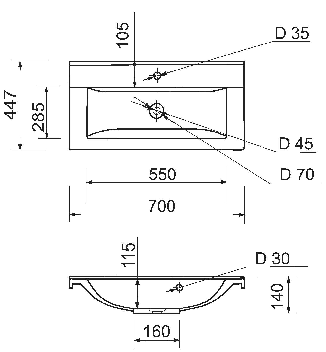 Adamant Quanto 70 з сифоном Click-Clack + змішувач (4824296208101) Габаритні розміри