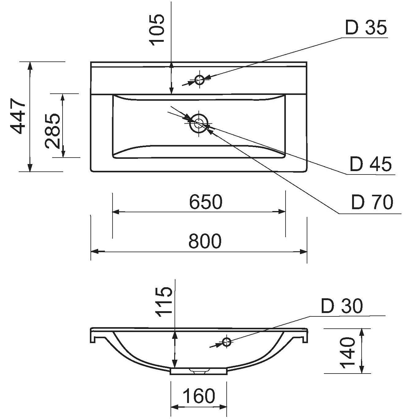 Adamant Quanto 80 з сифоном Click-Clack + змішувач (4824296208201) Габаритні розміри