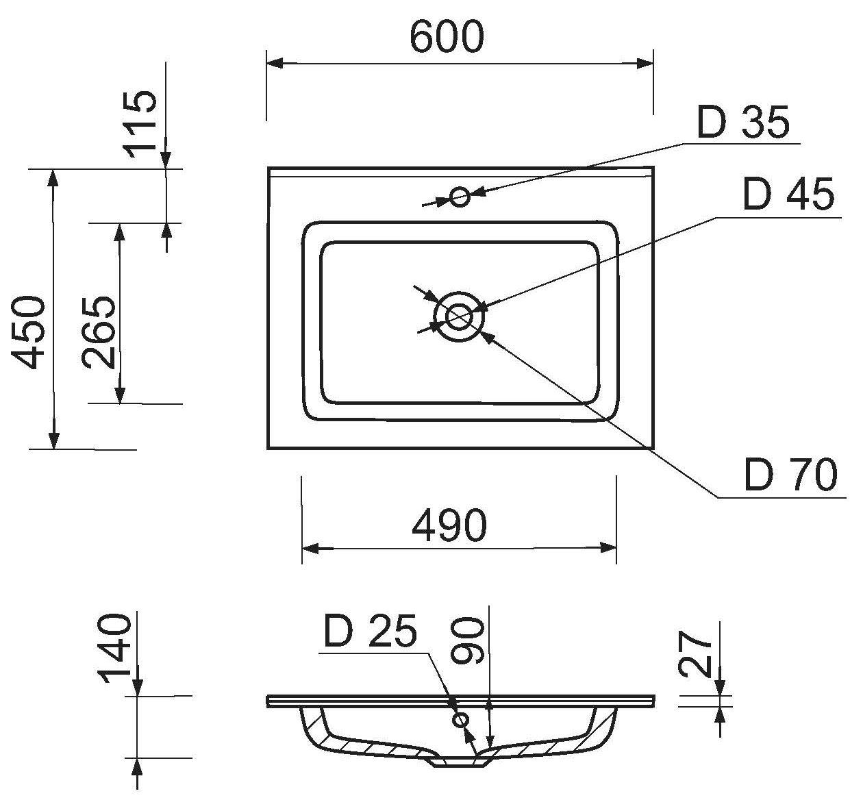 Adamant Flat 60 з сифоном Click-Clack + змішувач (4824296207701) Габаритні розміри