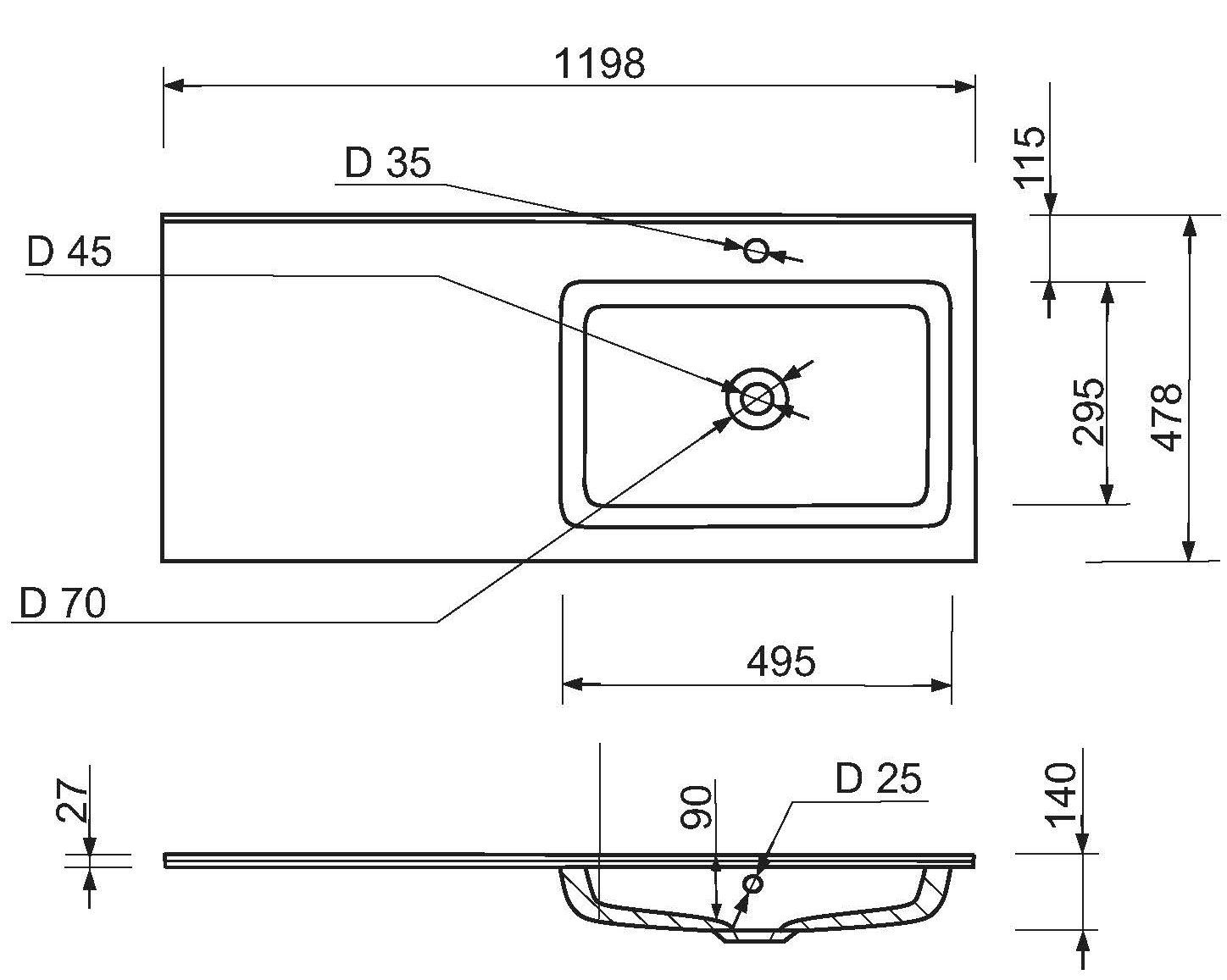 Adamant Flat 120R з сифоном Click-Clack + змішувач (4824296208501) Габаритні розміри