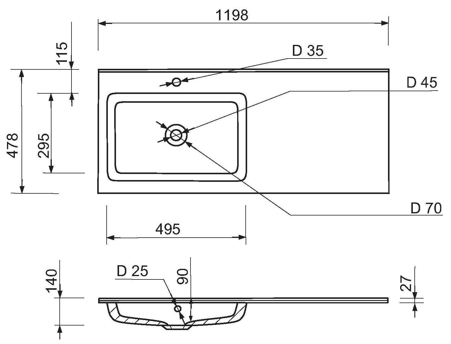 Adamant Flat 120L з сифоном Click-Clack + змішувач (4824296208601) Габаритні розміри