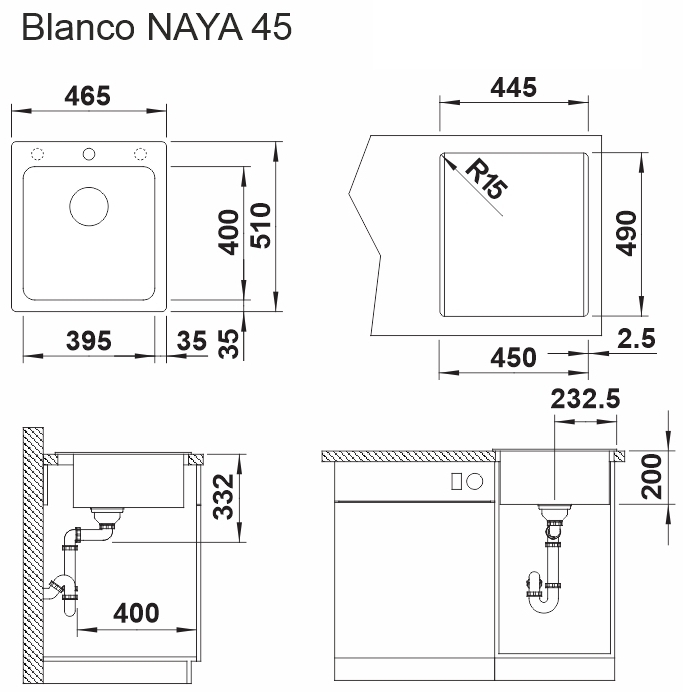 Blanco Naya 45 (526572) Черный Габаритные размеры