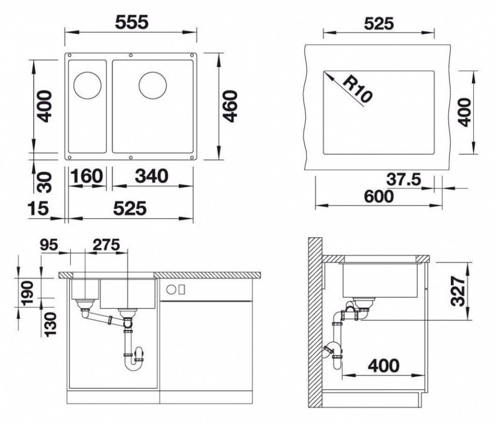 Blanco Subline 340 160-U (523558) Антрацит Габаритні розміри