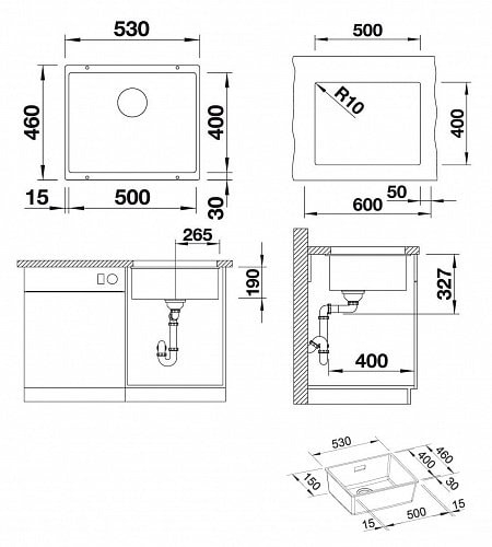 Blanco Subline 500-U (523432) Антрацит Габаритні розміри