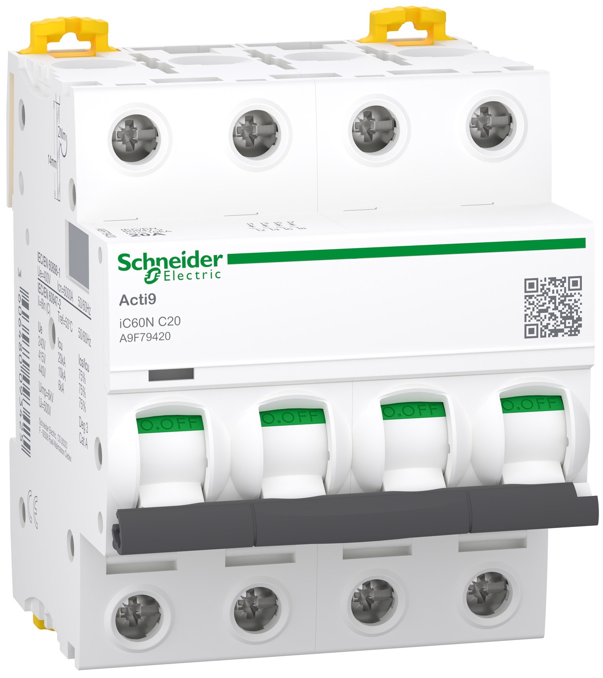 Автоматичний вимикач Schneider Electric Acti9 iC60N, 4P, 20A, 6kA, C (A9F79420)