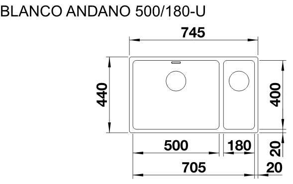 Blanco Andano 500/180-U (522991) нержавеющая сталь Габаритные размеры