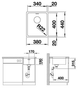Blanco Andano 340-U (522955) нержавеющая сталь Габаритные размеры