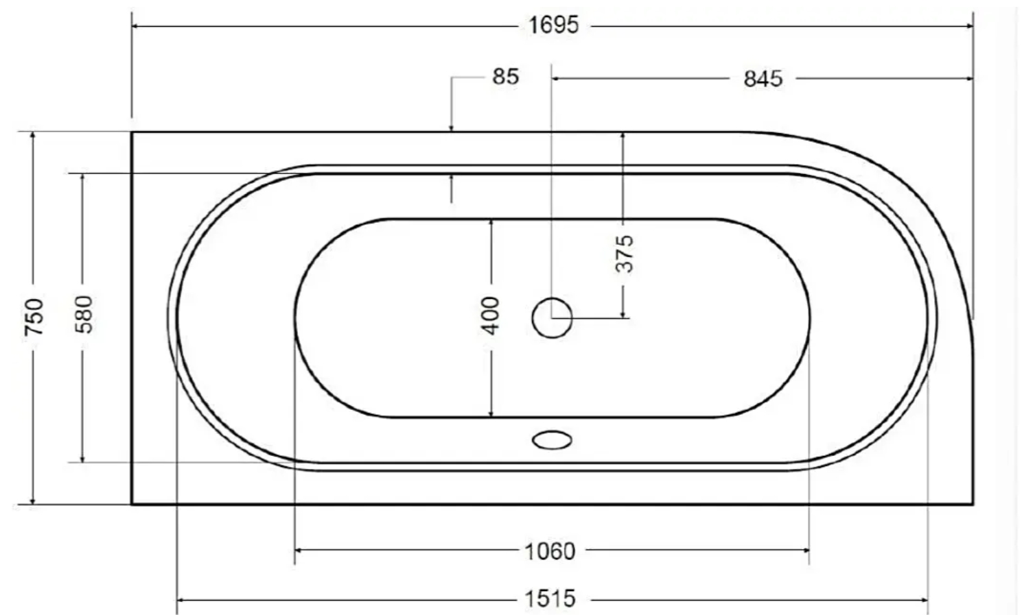 Besco Avita 170x75 (WAV-170-NP) правая Габаритные размеры