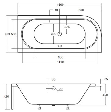Besco Avita 160x75 (WAV-160-NP) правая Габаритные размеры