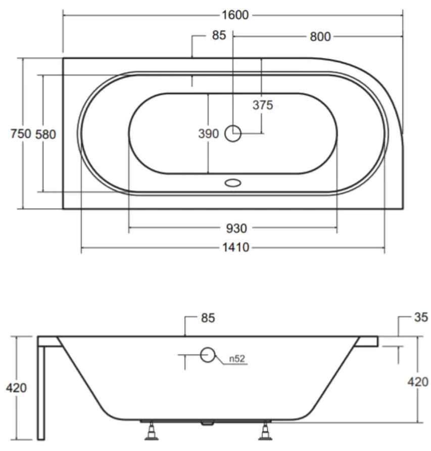 Besco Avita 160x75 (WAV-160-NL) левая Габаритные размеры