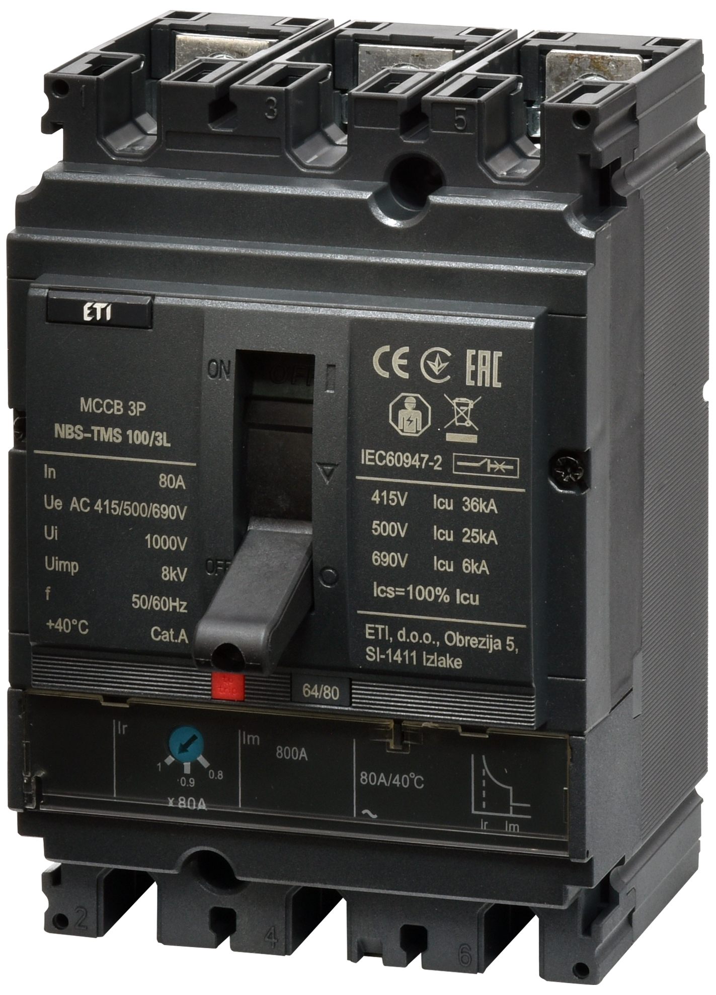 Автоматичний вимикач ETI NBS-TMS 100/3L 80A 3P (004673006)