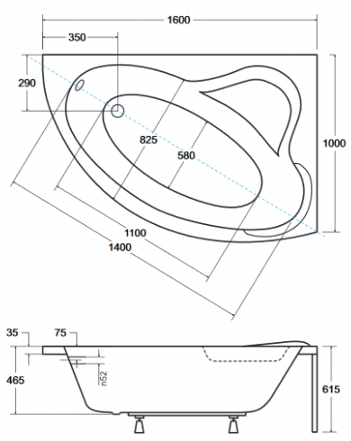 Besco Ada 160x100 (WAA-160-NP) правая, без отв. под ручки Габаритные размеры
