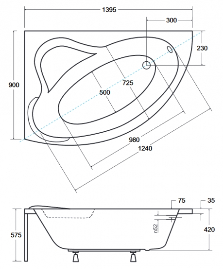 Besco Ada 160x100 (WAA-160-NL) левая, без отв. под ручки Габаритные размеры