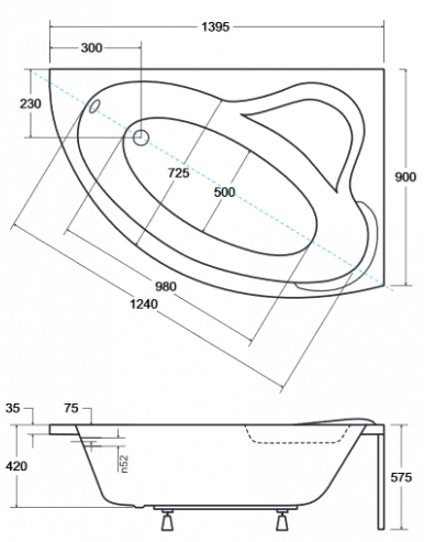 Besco Ada 140x90 (WAA-140-NP) права, без отв. під ручки Габаритні розміри