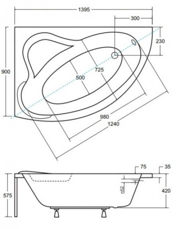 Besco Ada 140x90 (WAA-140-NL) левая Габаритные размеры