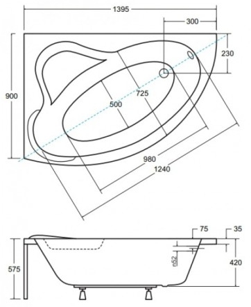 Besco Ada 140x90 (WAA-140-NL) ліва, без отв. під ручки Габаритні розміри