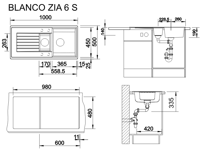 Blanco Zia 6 S (526021) Черный Габаритные размеры
