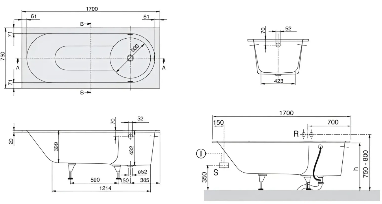Villeroy&Boch Libra 1700x750 (UBQ170LIB2V-01) Габаритные размеры
