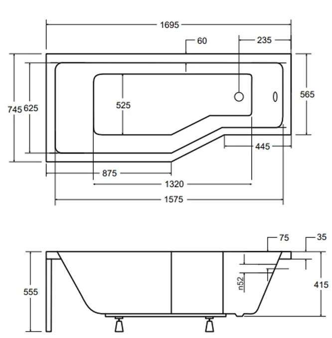 Besco Integra 150x75 (WAI-150-PP) правая Габаритные размеры