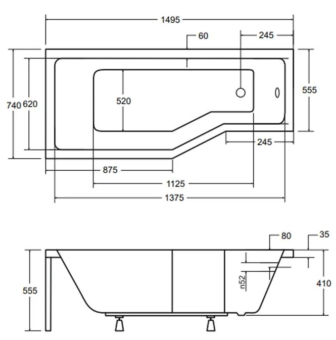 Besco Integra 150x75 (WAI-150-PL) левая Габаритные размеры