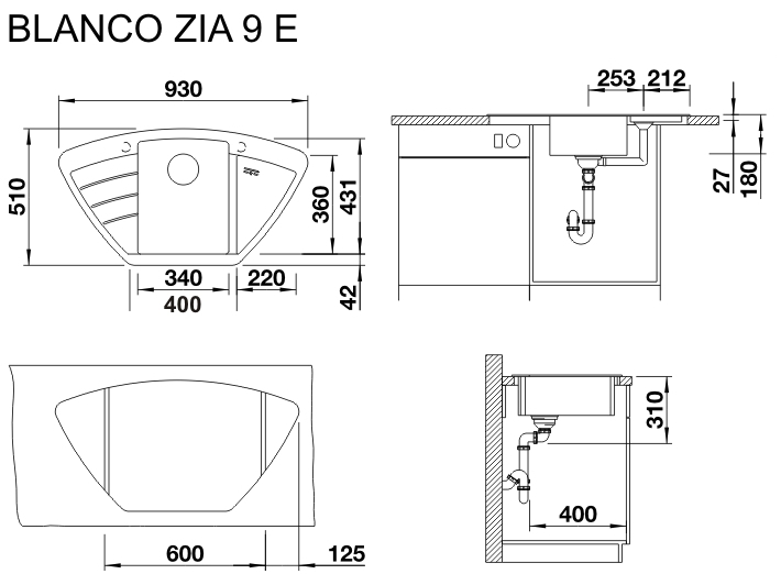 Blanco Zia 9 E (527212) Нежный белый Габаритные размеры