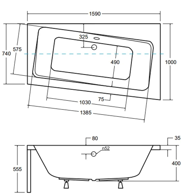 Besco Infiniti 160x100 (WAI-160-NP) права Габаритні розміри