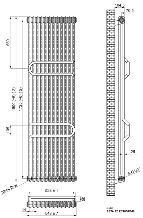 Ideale Zeta 12 12/1800/548 белый Габаритные размеры