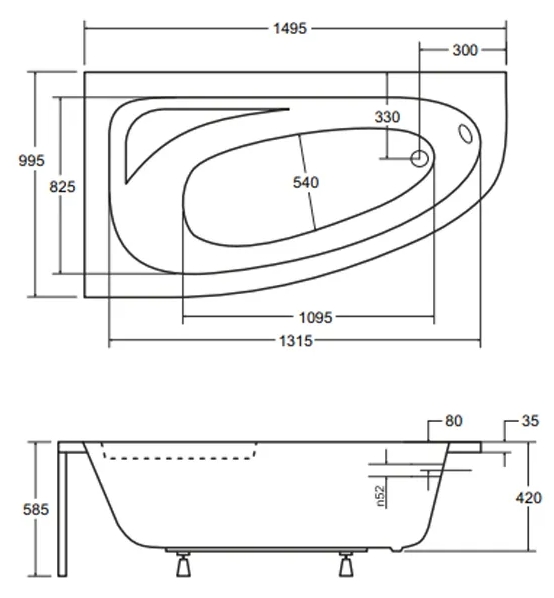 Besco Cornea 150x100 (WAC-150-NL) левая Габаритные размеры