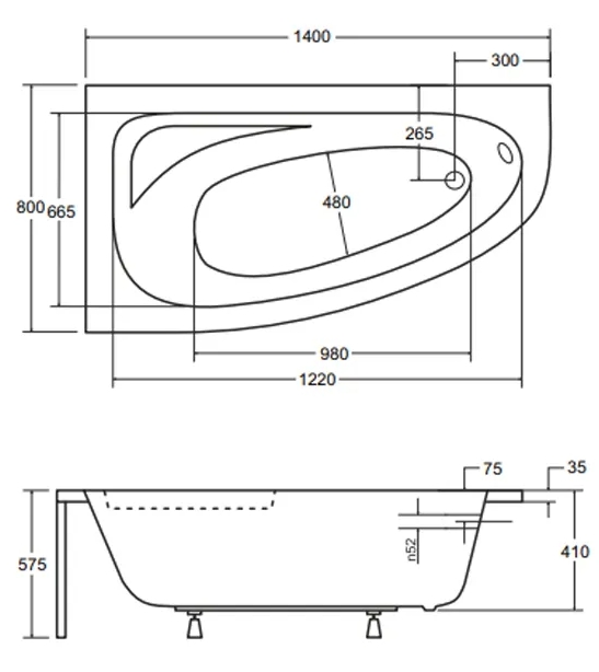 Besco Cornea 140x80 (WAC-140-NL) левая Габаритные размеры
