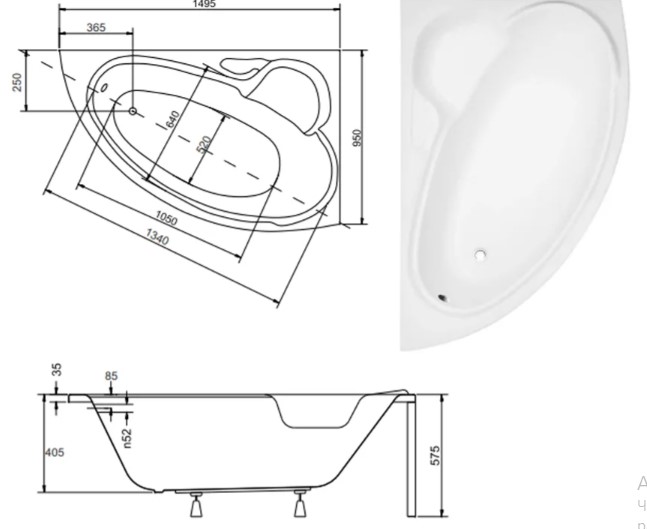 Besco Bianka 150x95 (WAB-150-NP) правая Габаритные размеры