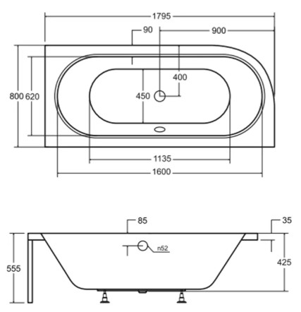 Besco Avita 180x80 (WAV-180-NP) права Габаритні розміри