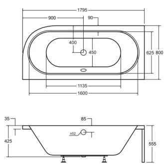Besco Avita 180x80 (WAV-180-NL) ліва Габаритні розміри