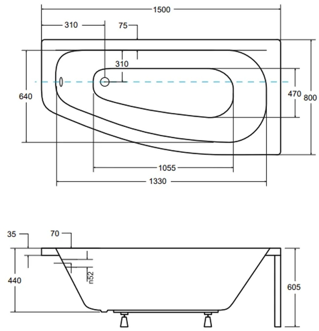 Besco Luna 150x80 (WAL-150-NP) правая Габаритные размеры