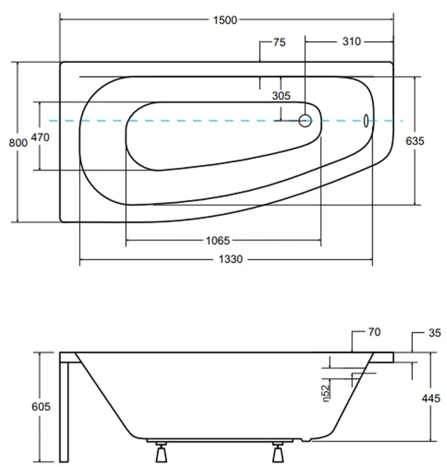 Besco Luna 150x80 (WAL-150-NL) левая Габаритные размеры