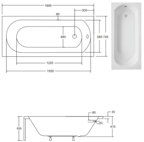 Besco Intrica 170x75 (WAIN-170-PK) Габаритные размеры