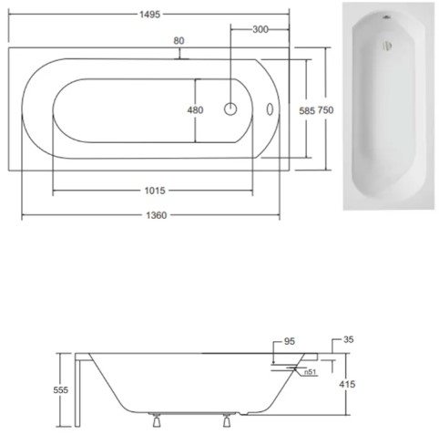 Besco Intrica 150x75 (WAIN-150-PK) Габаритные размеры