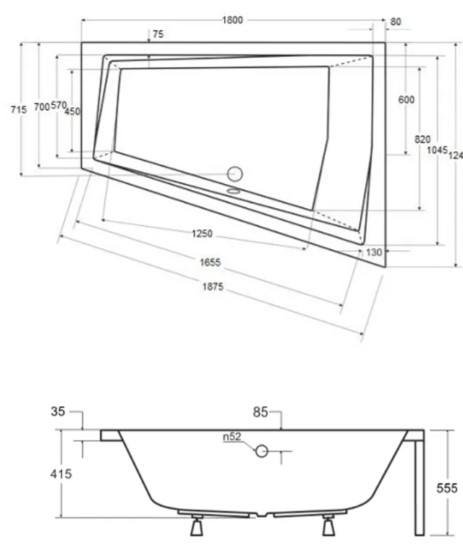 Besco Intima Duo 180x125 (WAID-180-NP) правая Габаритные размеры