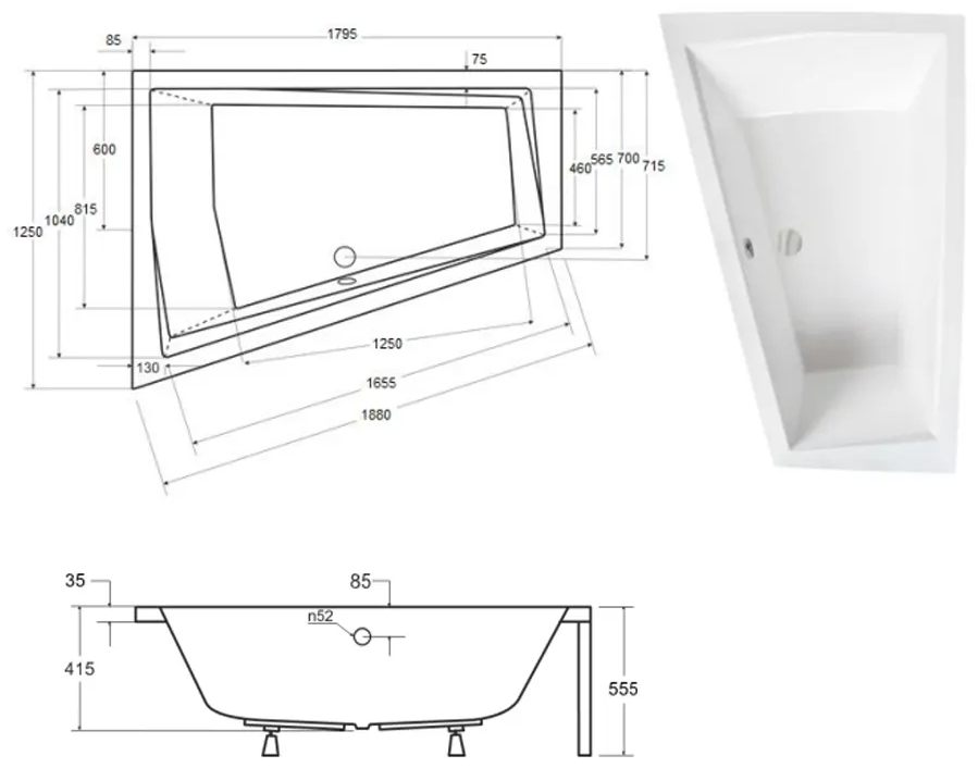 Besco Intima Duo 180x125 (WAID-180-NL) левая Габаритные размеры