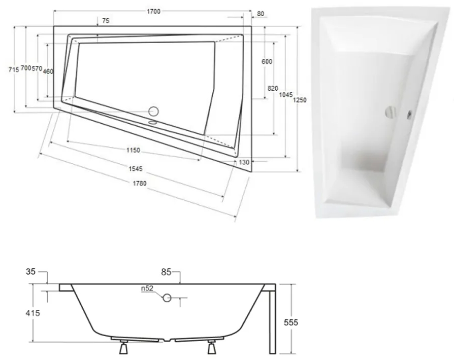 Besco Intima Duo 170x125 (WAID-170-NP) правая Габаритные размеры