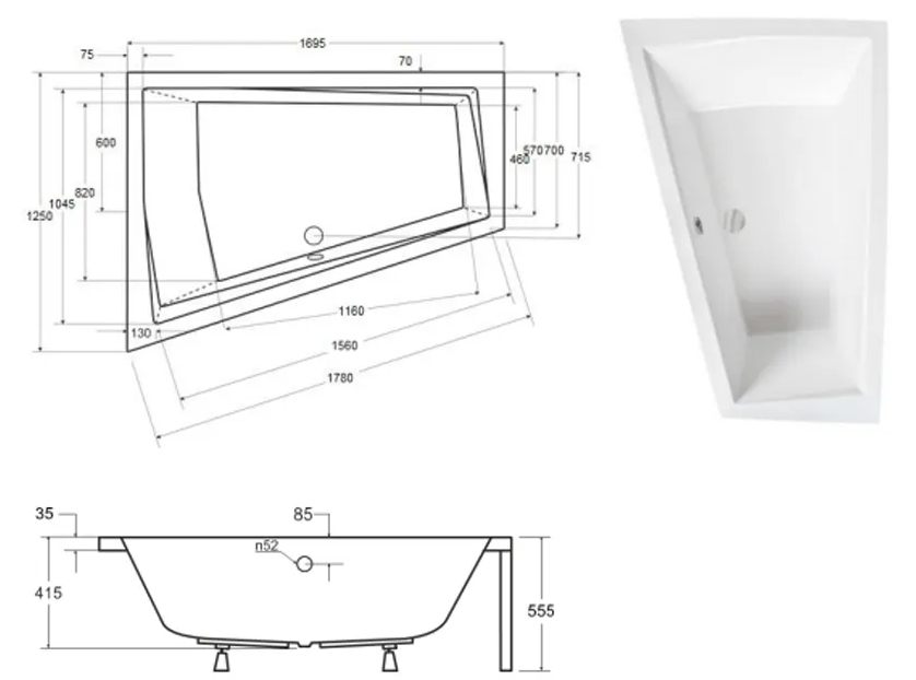 Besco Intima Duo 170x125 (WAID-170-NL) левая Габаритные размеры
