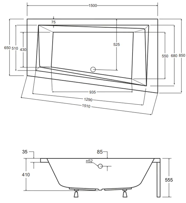 Besco Intima 150x85 (WAIT-150-NP) правая Габаритные размеры