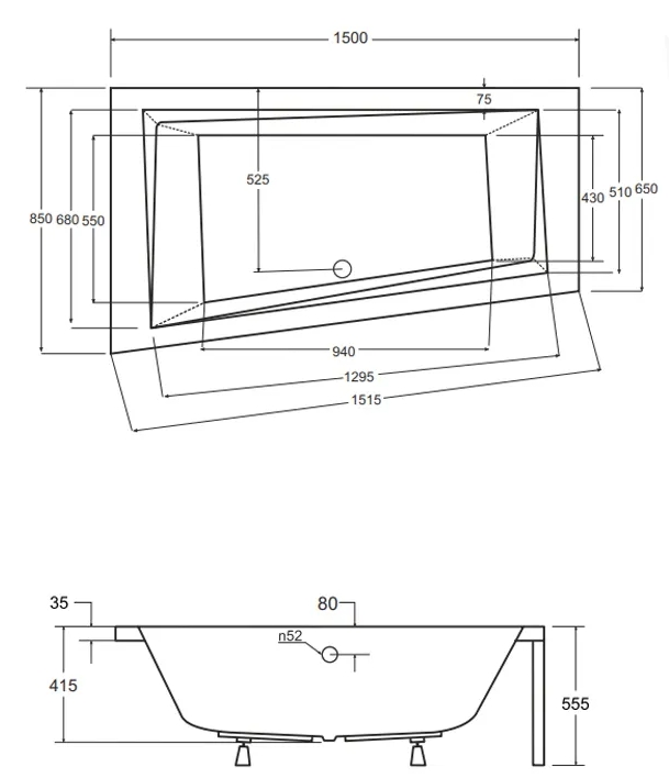 Besco Intima 150x85 (WAIT-150-NL) левая Габаритные размеры