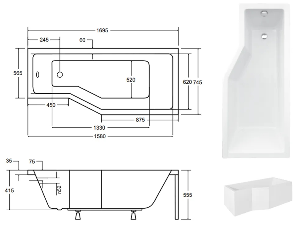 Besco Integra 170x75 (WAI-170-PP) правая Габаритные размеры