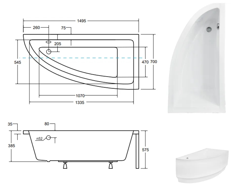 Besco Praktika 150x70 (WAP-150-NP) правая Габаритные размеры
