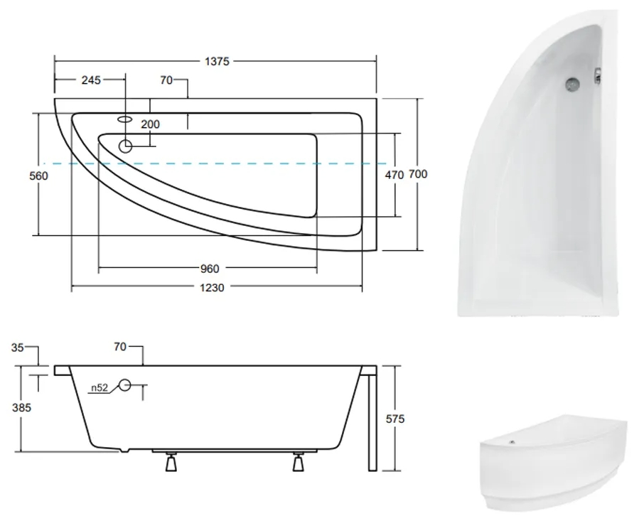 Besco Praktika 140x70 (WAP-140-NP) правая Габаритные размеры